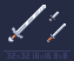 Pixel art sword icon for rpg, sandbox games. Resolution 32x32, 16x16, 8x8