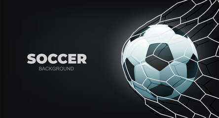 Soccer ball in goal net with black background. Realistic football in net.  Football banner. Vector stock