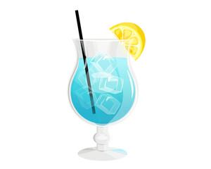Blue lagoon cocktail .Summer refreshing drink with ice cubes and lemon.Vector illustration.