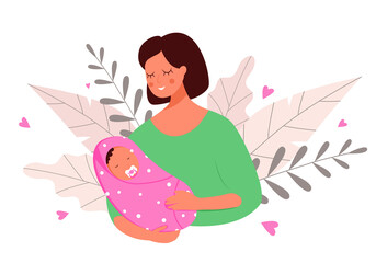 A young woman holding a baby in her arms in nature. A baby in a diaper with a pacifier. Vector illustration