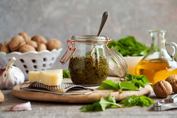 Pesto made from young ground elder or Aegopodium podagraria leaves