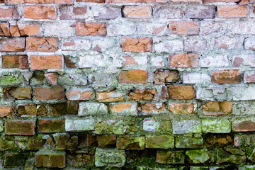 Background of old vintage dirty brick wall with peeling plaster