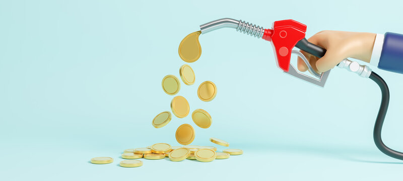 Stream of gold coins pours from the fuel handle pump nozzle with hose, huge filling gun with pouring fuel and falling golden coins, oil price rising concept, concept saving, 3d Rendering illustration