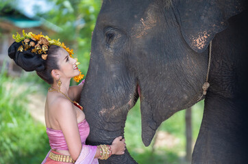 Asian Woman with traditional thai dress look at her cute elephant, relationship between people and animals.