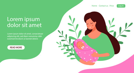 A young woman holding a baby in her arms in nature. A newborn girl in a diaper with a pacifier. Vector banner