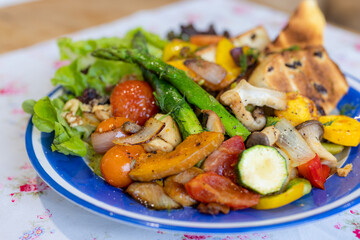 Roasted vegetable and beacon in restaurant