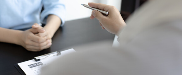 Managers or HR departments read resume and interview applicants for selection as a company real estate agent, Employment and selection of new staff representatives concept.