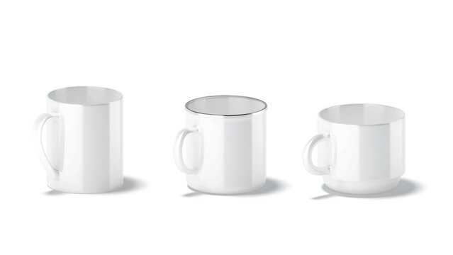 Blank white ceramic mug mockup set stand, looped rotation