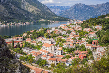 Naklejka na ściany i meble Montenegro. Bay of Kotor, Gulf of Kotor, Boka Kotorska and walled old city. Fortifications of Kotor is on UNESCO World Heritage List since 1979