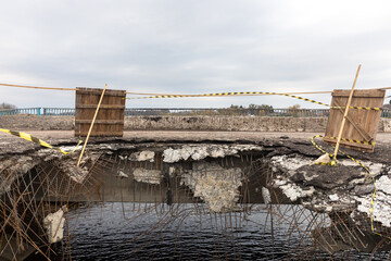 War in Ukraine. Broken bridge in Makariv village