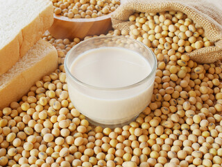 Hot cup of soy milk on lots of soy beans with  breads and a sack of soy bean and wooden bowl of soy beans for breakfast