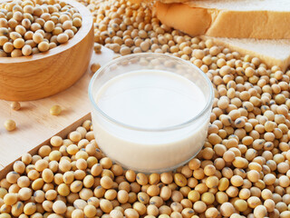 A hot cup of soy milk with a wooden bowl of soy bean on wood cutting board and many soy beans and some breads 