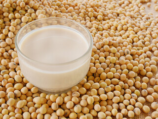 A hot cup of soy milk with lots of soy beans