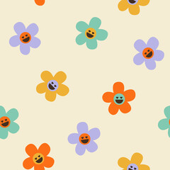 Seamless vector pattern with abstract groovy flowers. 70s, 80s, 90s vibes funky floral background. Vintage nostalgia texture for design and print
