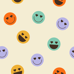 Seamless vector pattern with colorful smiling faces. 70s, 80s vibes psychedelic background. Abstract smiles emoji illustration. Vintage nostalgia elements in groovy style