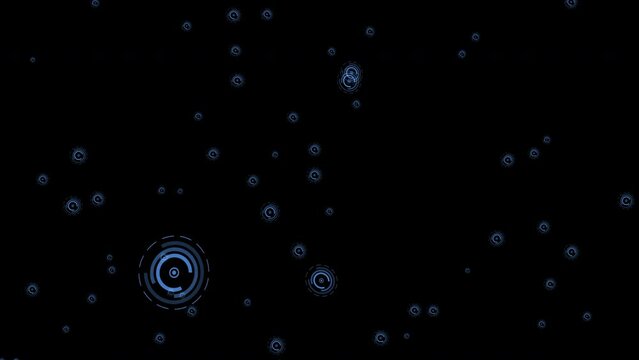 Futuristic rotating blue circles of various shapes in free random flight in outer space. Flying blue particles. Used to enhance any video presentation, animated film, cinematic clips or film project. 