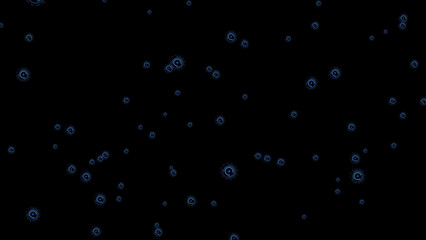 Futuristic rotating blue circles of various shapes in free random flight in outer space. 3D. 4K. Isolated black background.