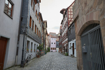 Fototapeta na wymiar Old street in Furth, Germany. Architecture and landmark of Germany with facрwerk houses