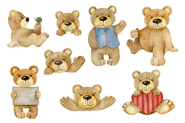 Set of cute watercolor illustrations of bears isolated on white background.