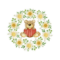 Cute watercolor illustration of bear flower wreath isolated on white background.