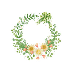 Watercolor illustration of a wreath of flowers.