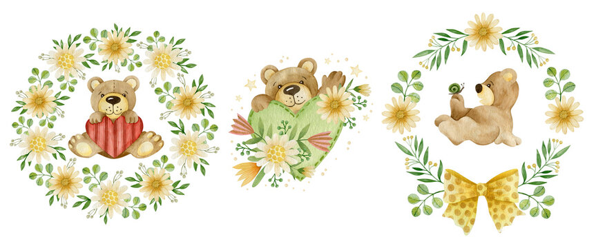Set of watercolor illustrations of a wreath, a bouquet of flowers and a bear