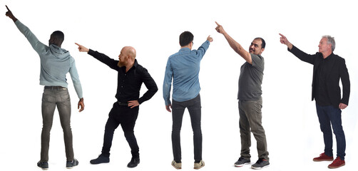 group of men pointing on white background
