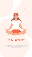 Fototapeta na wymiar Yoga retreat. Woman meditating, practicing yoga. Vector illustration.