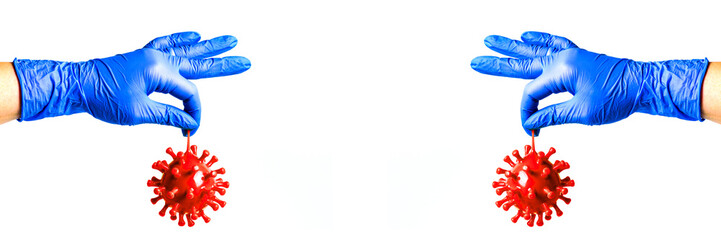 Doctor's hand in a rubber glove holds coronavirus.COVID-19