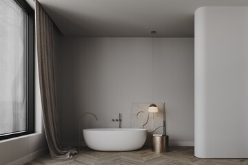 Obraz na płótnie Canvas 3d render of a minimalistic bathroom with with free standing bath, golden tap, gold round coffee table, decoration