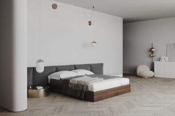 3d render of a white classic style bedroom or hotel room, wooden parquet, gold round coffee table, decoration.