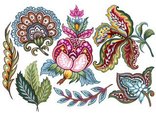 Floral decorative element in jacobean embroidery illustration oriental style, fantasy floral leaves foliage vintage, old, retro style