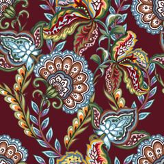 Seamless pattern with stylized ornamental flowers botanical in retro, vintage style. Jacobean embroidery oriental indian asian
