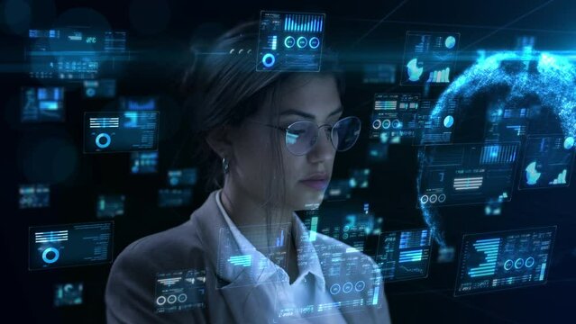 Business And Technology Concept. Businesswoman Wearing Eyeglasses Working on Holographic Financial Animated Screens. Communication Network. Graphical User Interface, Internet Of Things, AR.