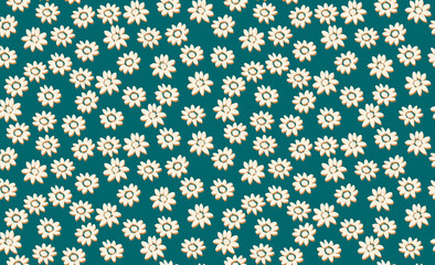 HAND DRAWN DAISY FLOWERS SEAMLESS PATTERN ON GREEN BACKGROUND