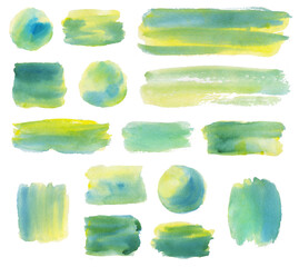 Set of abstract watercolor brushes isolated on white, green, yellow and blue colors.