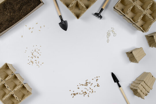 Layout of garden tools for planting and seed on a white background.Copy space.