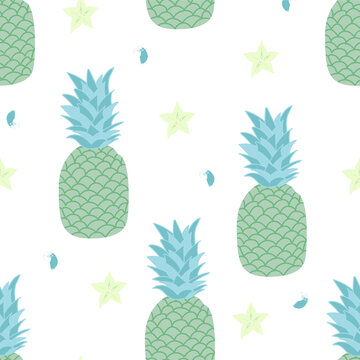 Seamless pattern with pineapples and carambolas