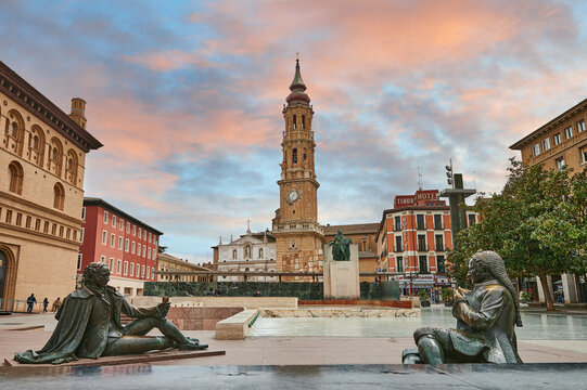 Monument to Goya in the foreground and the Cathedral of La Seo Zaragoza