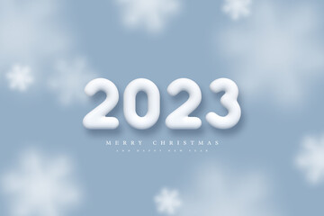 Naklejka na ściany i meble 2023 New Year sign. 3d white numbers on blue background with falling snowflakes. Realistic 2023. Vector illustration.