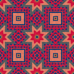 Indian boho summer bandana seamless symmetrical pattern. Versatile masculine red blue scarf print in kaleidoscopic floral ornamental style.