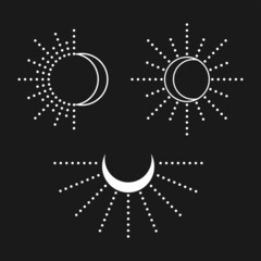 Sun and moon set. Simple graphic style. White objects isolated on black background.
