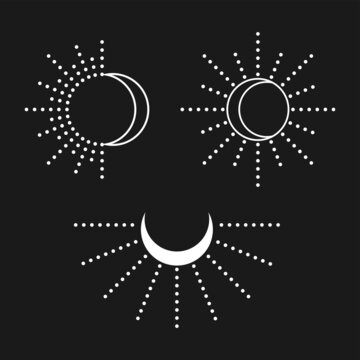 Sun and moon set. Simple graphic style. White objects isolated on black background.