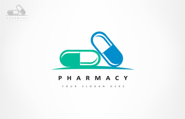 Capsule logo vector. Design of pharmacy and pharmacological company.