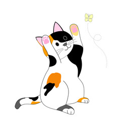 A playing calico cat and flying yellow butterfly with white background