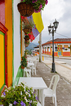 Beautiful Streets of Salento Colombia, cafe, flag of Colombia