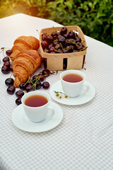 Black tea with fresh croissants and cherries on the table against white background. Flat lay, spring breakfast conceptual composition
