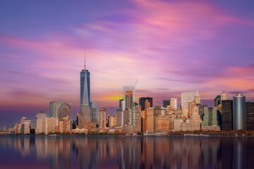 Fototapeta na wymiar New York City Manhattan downtown skyline at dusk with skyscrapers over Hudson River, USA