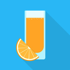 Orange juice in a glass. Drink and orange slice isolated on blue background. Vector flat illustration.