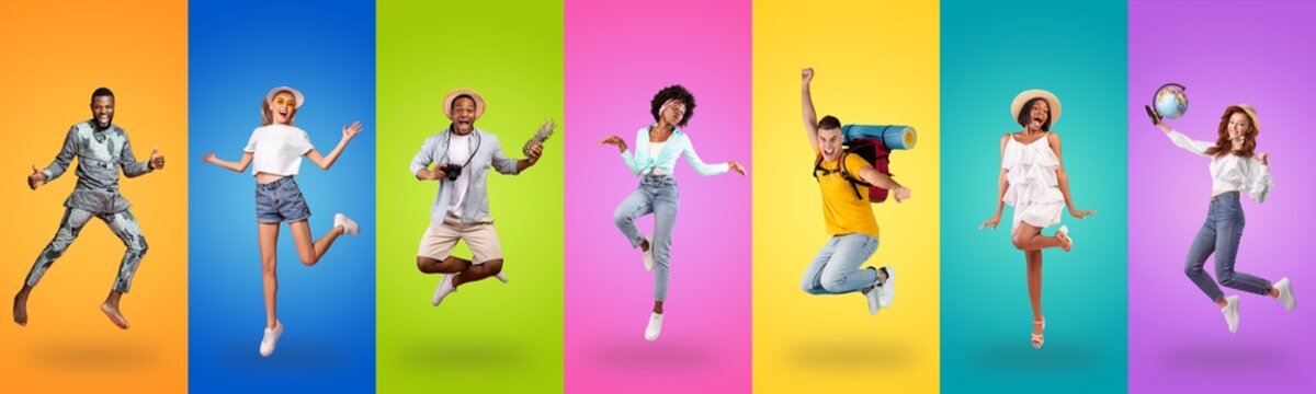 Joyful multiracial torists jumping up on colorful backgrounds, collage
